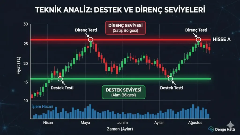 Teknik analizde hisse senedi fiyat hareketlerindeki destek (alım bölgesi) ve direnç (satış bölgesi) seviyelerini gösteren mum çubuk grafiği