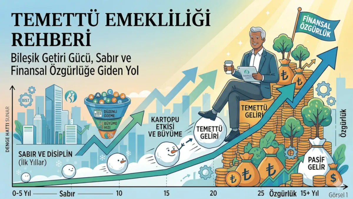 Temettü emekliliği rehberi kapak görseli: Borsada sabır, disiplin ve bileşik getirinin yarattığı kartopu etkisiyle pasif gelir ve finansal özgürlüğe giden süreci anlatan infografik