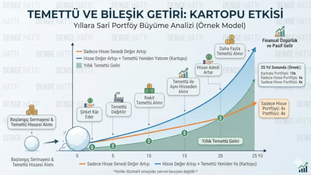 Temettü emekliliği stratejisinde bileşik getirinin (kartopu etkisi) yıllara sari portföy büyümesi üzerindeki etkisini ve pasif gelir inşasını gösteren profesyonel infografik