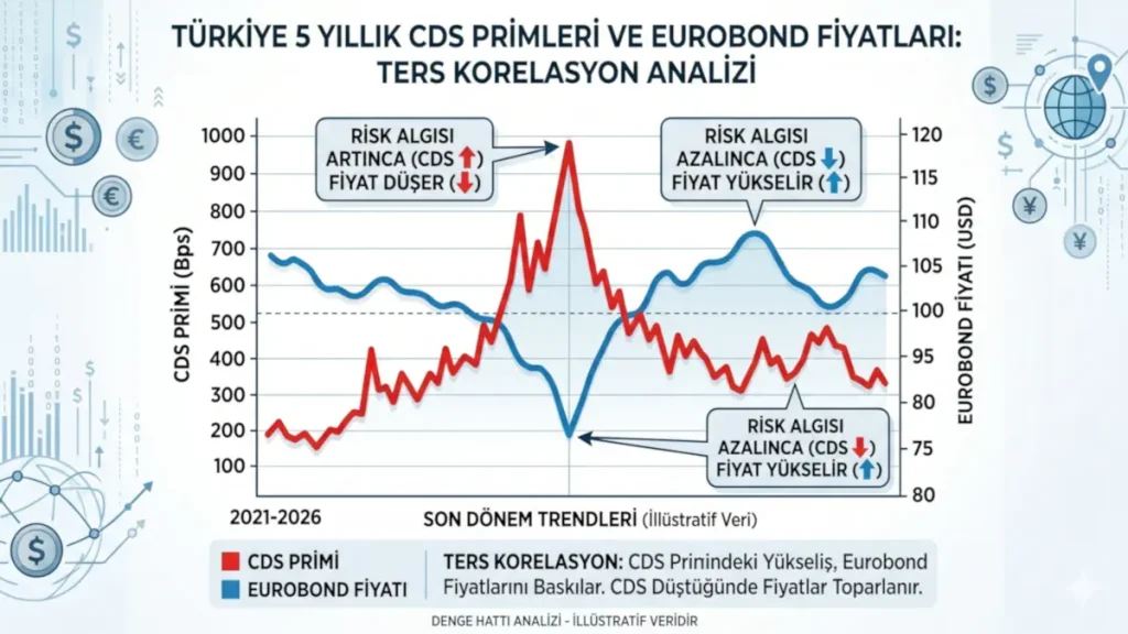 Türkiye 5 yıllık CDS (Kredi Risk Primi) oranları ile Hazine Eurobond fiyatları arasındaki ters korelasyonu gösteren analitik çizgi grafik. Ülke risk algısının döviz bazlı tahvil fiyatlarına etkisini anlatan detaylı tablo.
