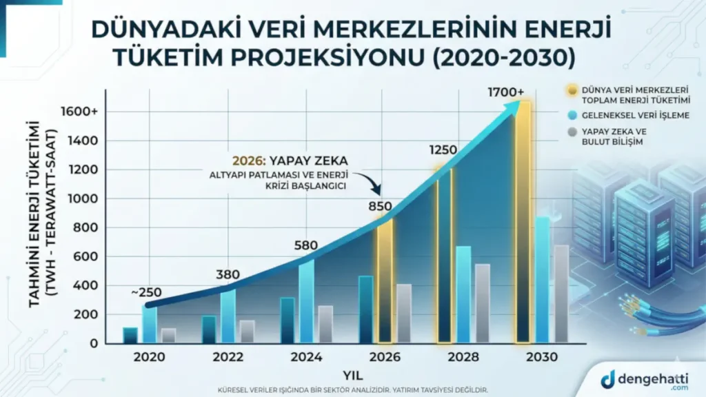Dünya veri merkezleri enerji tüketim projeksiyonu 2020-2030 ve yapay zeka altyapı yatırımları analiz grafiği