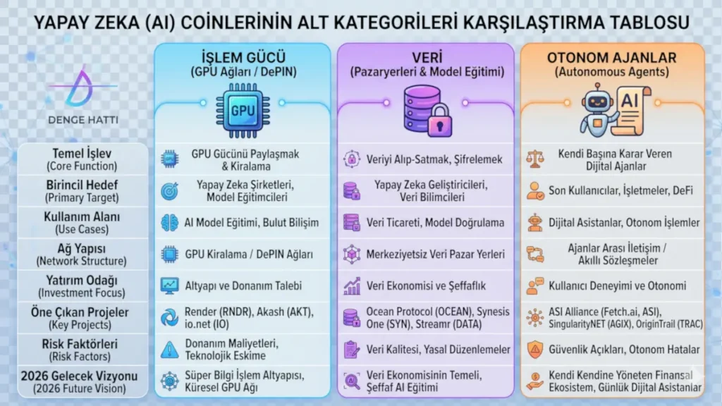 2026 yapay zeka coinleri alt kategorileri olan işlem gücü (GPU), veri pazaryerleri ve otonom ajanların özelliklerini, kullanım alanlarını ve risklerini karşılaştıran detaylı tablo.