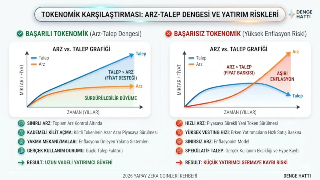 2026 Yapay Zeka (AI) Coinleri yatırımlarında dikkat edilmesi gereken başarılı ve başarısız tokenomik arz-talep grafiği karşılaştırması ile risk analizi.