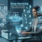 Modern ofis ortamında, laptop kullanan girişimci kadının önünde parlayan "Yapay Zeka Destekli Drop Servicing" iş akışı hologramı. Hologram üzerinde "2026 Döviz Kazancı" başlığı, müşteriler, ajans merkezi otomasyonu ve global freelancer ağı bağlantılarıyla birlikte dolar, euro, sterlin ve yen sembolleri gösteriliyor.