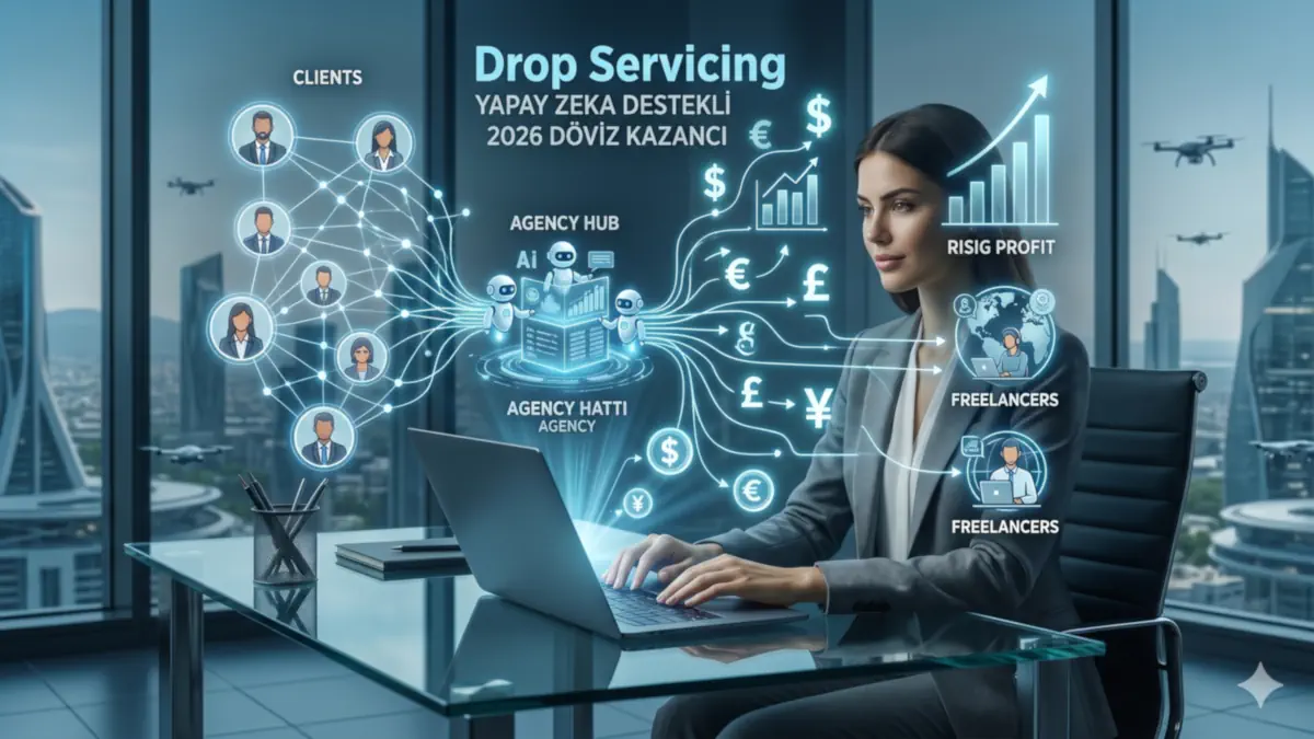 Modern ofis ortamında, laptop kullanan girişimci kadının önünde parlayan "Yapay Zeka Destekli Drop Servicing" iş akışı hologramı. Hologram üzerinde "2026 Döviz Kazancı" başlığı, müşteriler, ajans merkezi otomasyonu ve global freelancer ağı bağlantılarıyla birlikte dolar, euro, sterlin ve yen sembolleri gösteriliyor.