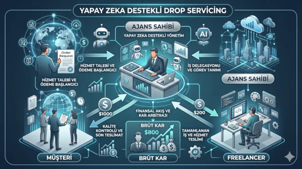 Yapay Zeka Destekli Drop Servicing iş modeli iş akış şeması; müşteri, ajans sahibi ve freelancer arasındaki kar arbitrajı süreci