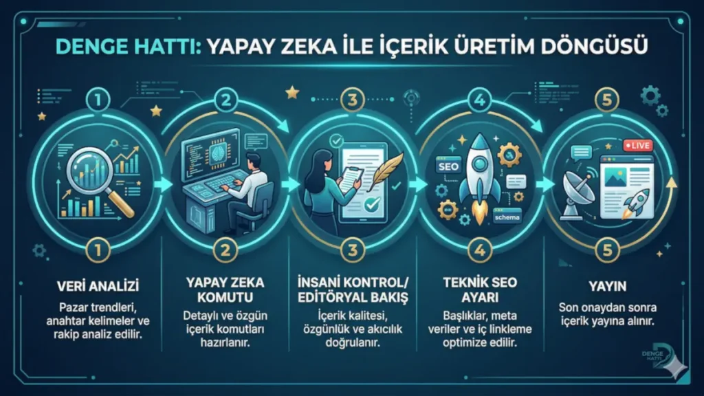 Yapay zeka iş modelleri arasında yer alan dijital ajanslar için; veri analizi, AI komutu, insani kontrol, teknik SEO ve yayın aşamalarını adım adım gösteren kurumsal içerik üretim döngüsü akış şeması.