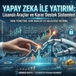 Bir insan ve robot elinin yükselen finansal grafikler üzerinde buluştuğu; yapay zeka ile yatırım, lisanslı karar destek sistemleri ve güvenilir finansal veri analizini temsil eden Denge Hattı makale kapak görseli.