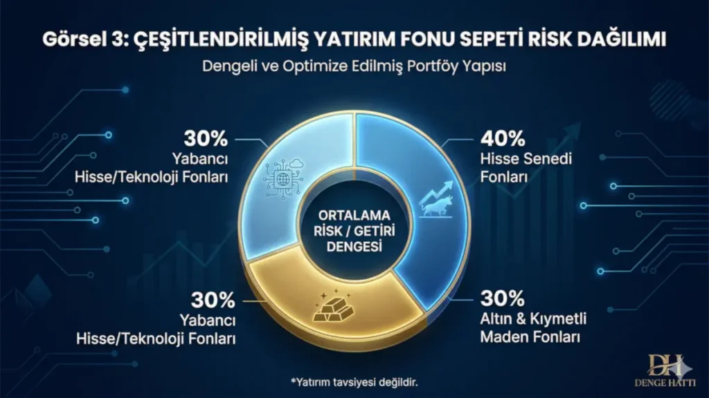 Küçük yatırımcılar için yüzde 40 hisse senedi, yüzde 30 altın ve yüzde 30 yabancı teknoloji fonlarından oluşan dengeli yatırım fonu sepeti risk dağılımı pasta grafiği.