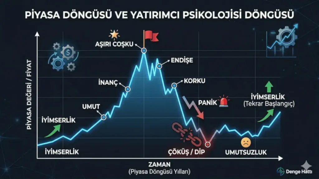 Borsada yatırımcı psikolojisi döngüsünü; iyimserlik, aşırı coşku, panik, çöküş ve umutsuzluk evreleriyle gösteren piyasa duygu durumu grafiği