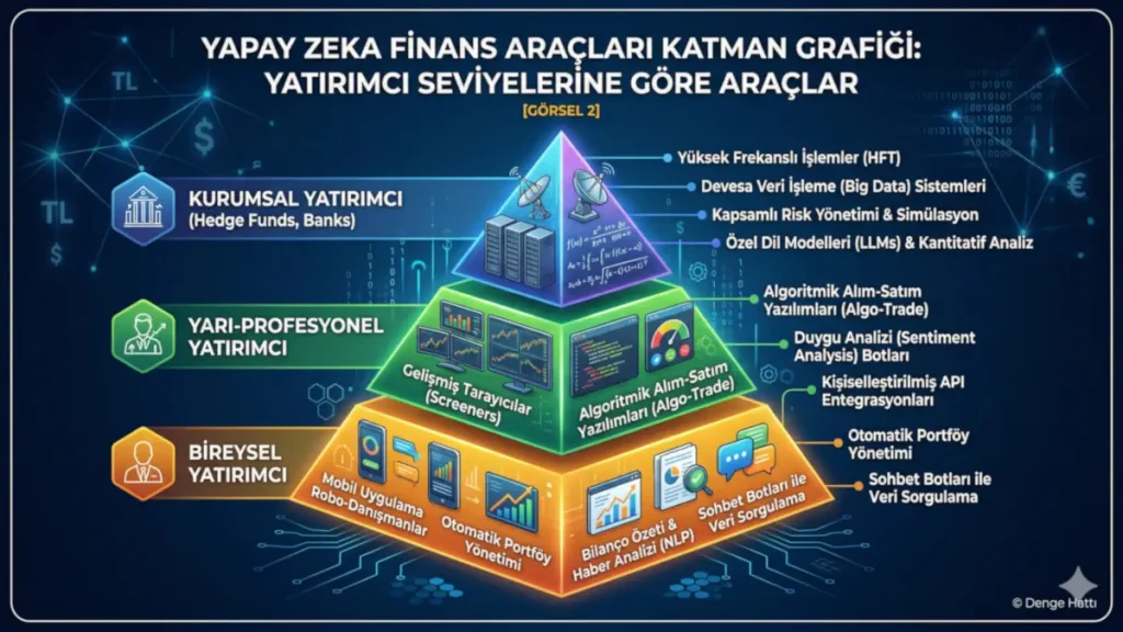Bireysel, yarı-profesyonel ve kurumsal yatırımcıların kullandığı robo-danışmanlar, karar destek sistemleri ve yapay zeka finans araçlarını seviyelerine göre sınıflandıran hiyerarşik piramit grafiği.