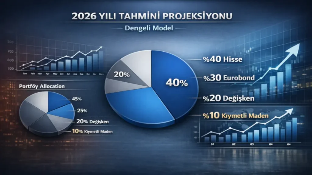 2026 yatırım fonları ile düzenli gelir stratejisi için %40 hisse, %30 Eurobond, %20 değişken ve %10 kıymetli maden içeren dengeli model fon sepeti dağılım grafiği.