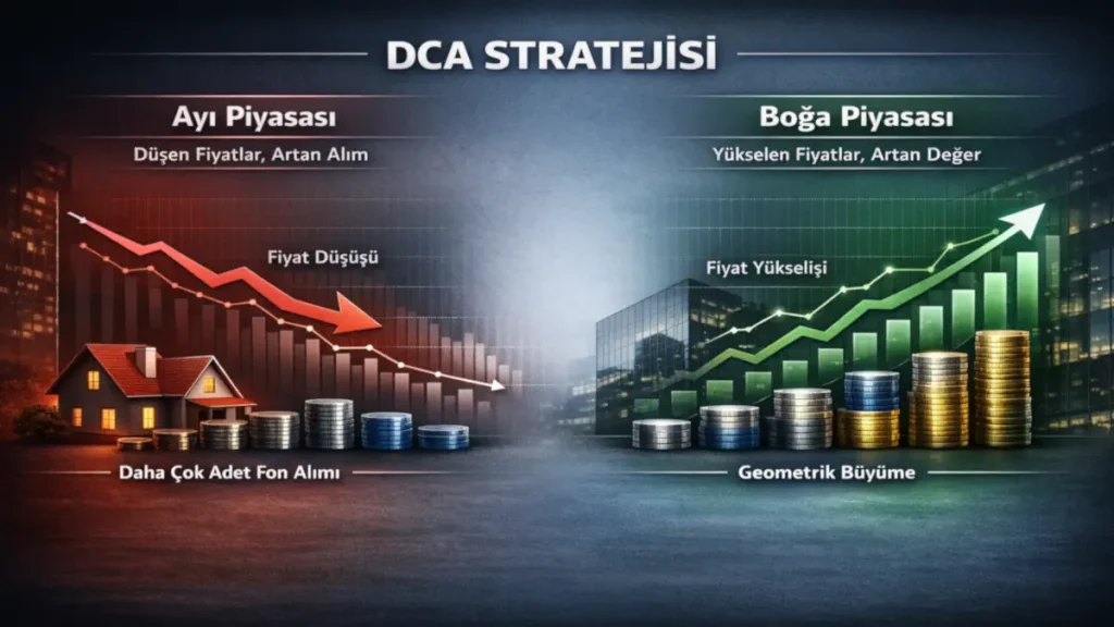 Ayı piyasasında düşen fon fiyatlarıyla daha fazla pay adedi almayı ve boğa piyasasında geometrik büyüme sağlayan DCA (Düzenli Alım) stratejisini anlatan finansal infografik.