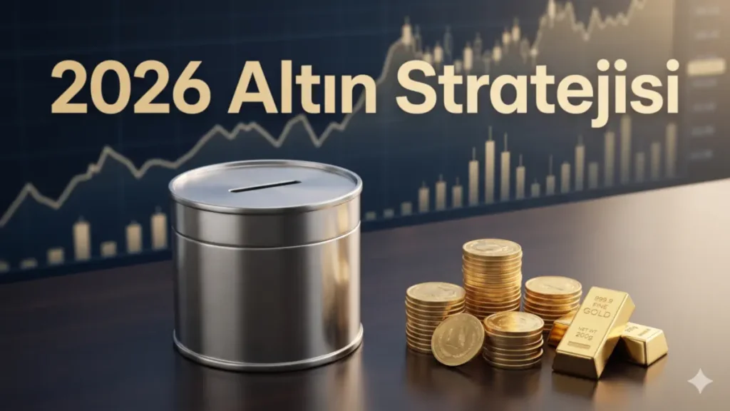 Az parayla altın birikimi ve 2026 altın stratejisi kavramlarını temsil eden metal birikim kutusu, fiziki altın külçeleri ve finansal borsa grafikleri.