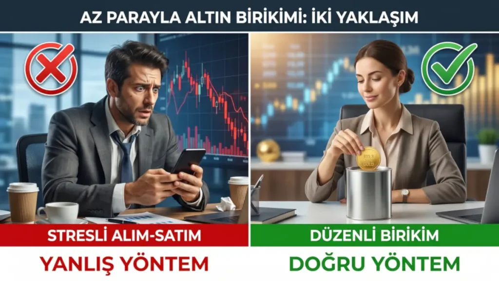 Az parayla altın birikimi sürecinde, yanlış bir strateji olan stresli sürekli al-sat işlemi ile doğru yöntem olan huzurlu kademeli birikimi (kartopu stratejisi) karşılaştıran kurumsal finans infografiği.