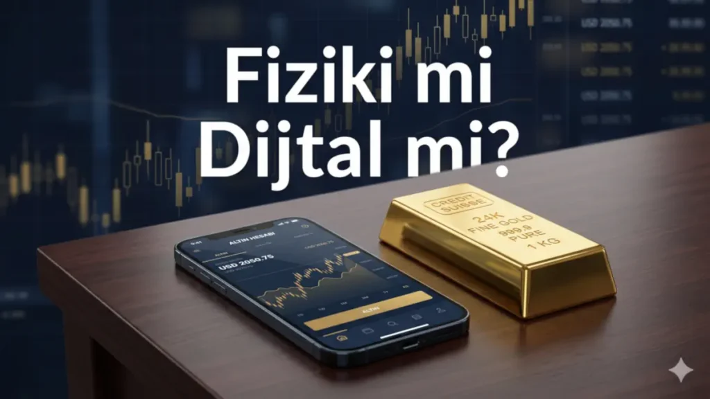Az parayla altın birikimi yaparken fiziki külçe altın ile banka altın hesabı (dijital altın) seçeneklerini karşılaştıran profesyonel finans görseli.