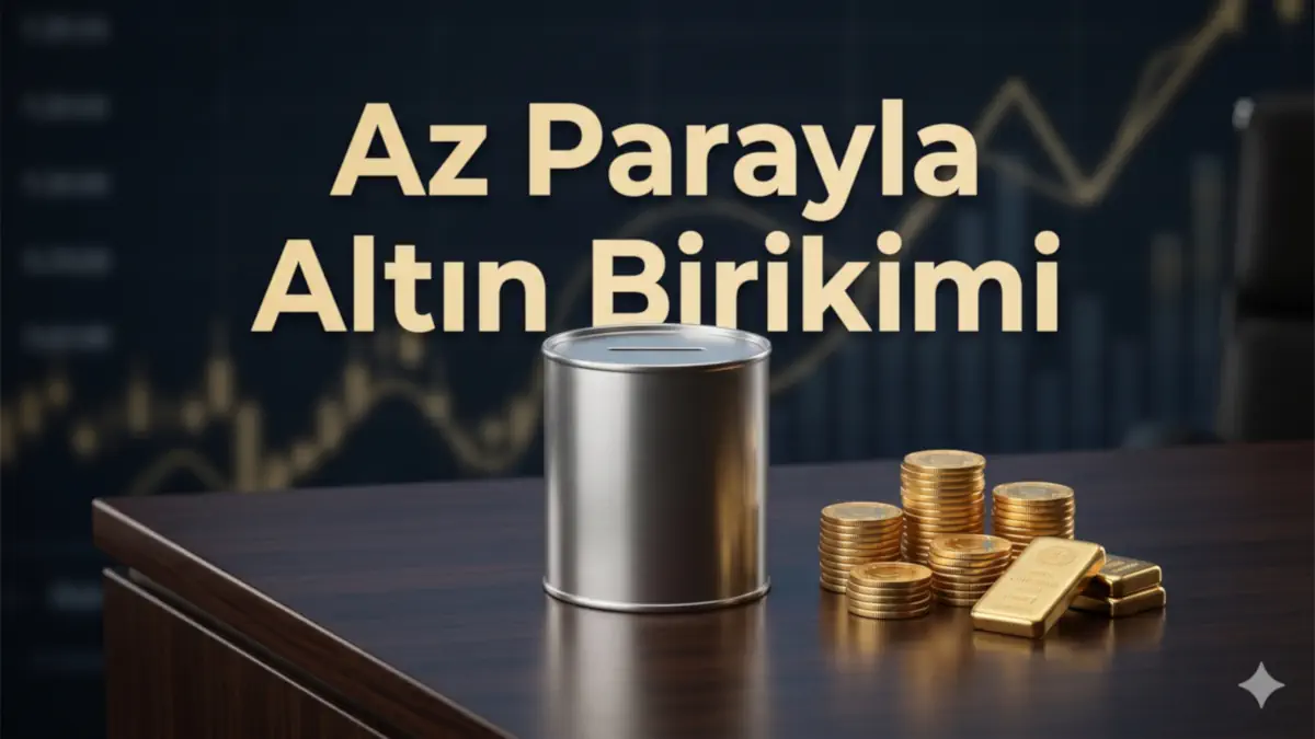 Kısıtlı bütçeyle altın yatırımı yapmayı temsil eden, üzerinde "Az Parayla Altın Birikimi" yazan kurumsal finans ve yatırım görseli.