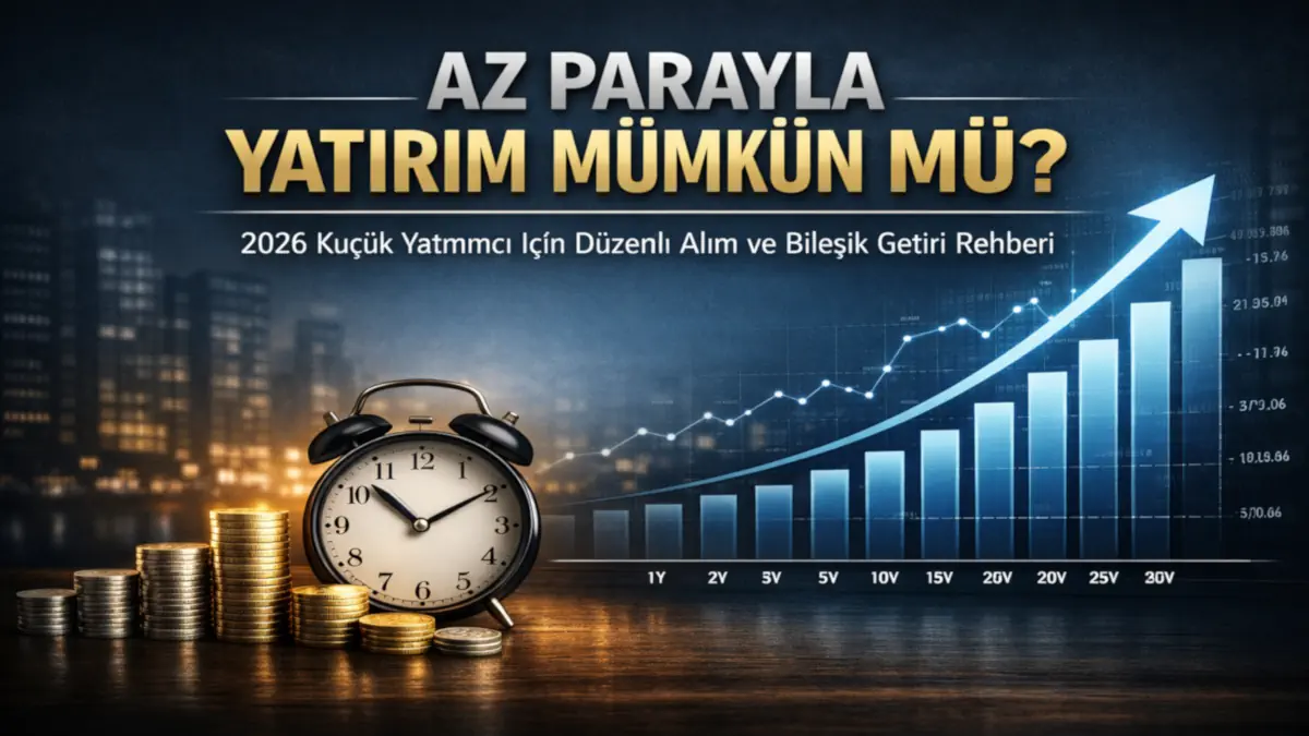 Küçük yatırımcılar için az parayla yatırım ve bileşik getiri stratejilerini simgeleyen, büyüyen madeni paralar ve finansal grafikler temalı kurumsal kapak görseli.