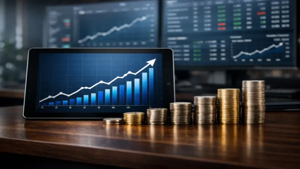 Ahşap ofis masası üzerinde yükselen finansal grafikleri gösteren tablet ve istikrarlı büyümeyi simgeleyen dizilmiş madeni paralar ile az parayla yatırım konsepti.