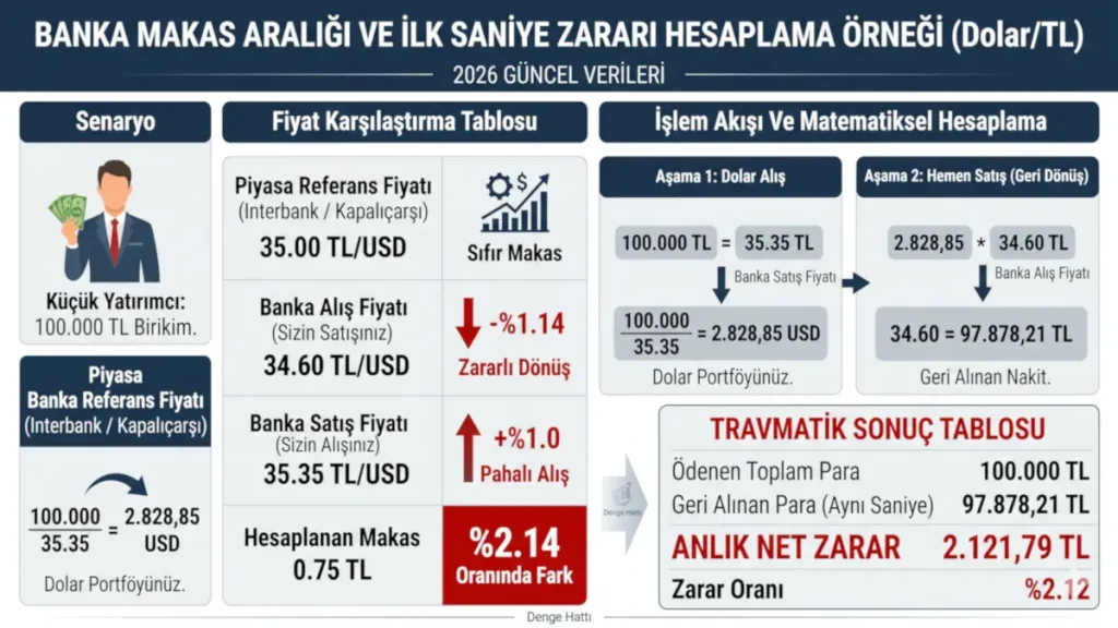 2026 güncel verileriyle banka Dolar/TL makas aralığı hesaplama tablosu ve küçük yatırımcının döviz alımındaki ilk saniye zararı.