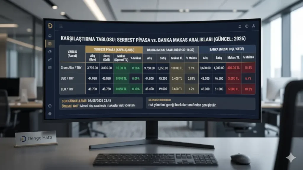 2026 yılı güncel serbest piyasa ve banka makas aralıkları karşılaştırma tablosu. Altın, dolar ve euro için mesai içi ve mesai dışı alım satım farkları.