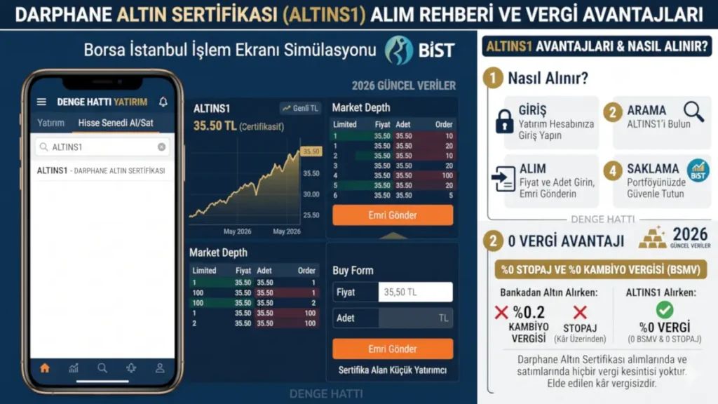 Borsa İstanbul işlem ekranı üzerinden Darphane Altın Sertifikası (ALTINS1) alım adımlarını ve bankalara kıyasla %0 vergi (BSMV ve stopaj) avantajını gösteren 2026 güncel infografik.