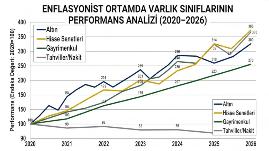 2020-2026 yılları arası enflasyonist ortamda altın, hisse senetleri, gayrimenkul ve tahvil/nakit varlık sınıflarının performansını karşılaştıran analiz grafiği.