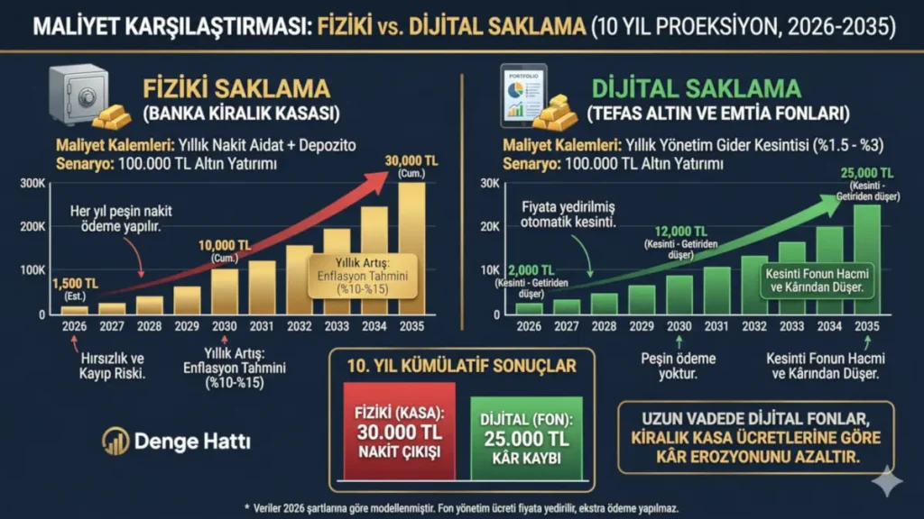 Fiziki altın yatırımında banka kiralık kasa ücretleri ile dijital TEFAS fonlarının yönetim gider kesintilerini 10 yıllık projeksiyon üzerinden karşılaştıran detaylı maliyet analizi grafiği.