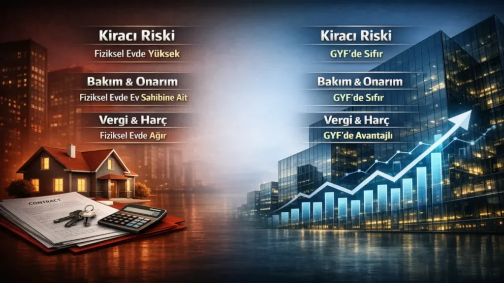 Fiziksel konut yatırımı ile gayrimenkul yatırım fonu (GYF) arasındaki kiracı riski, bakım masrafları ve vergi avantajlarını gösteren karşılaştırma tablosu