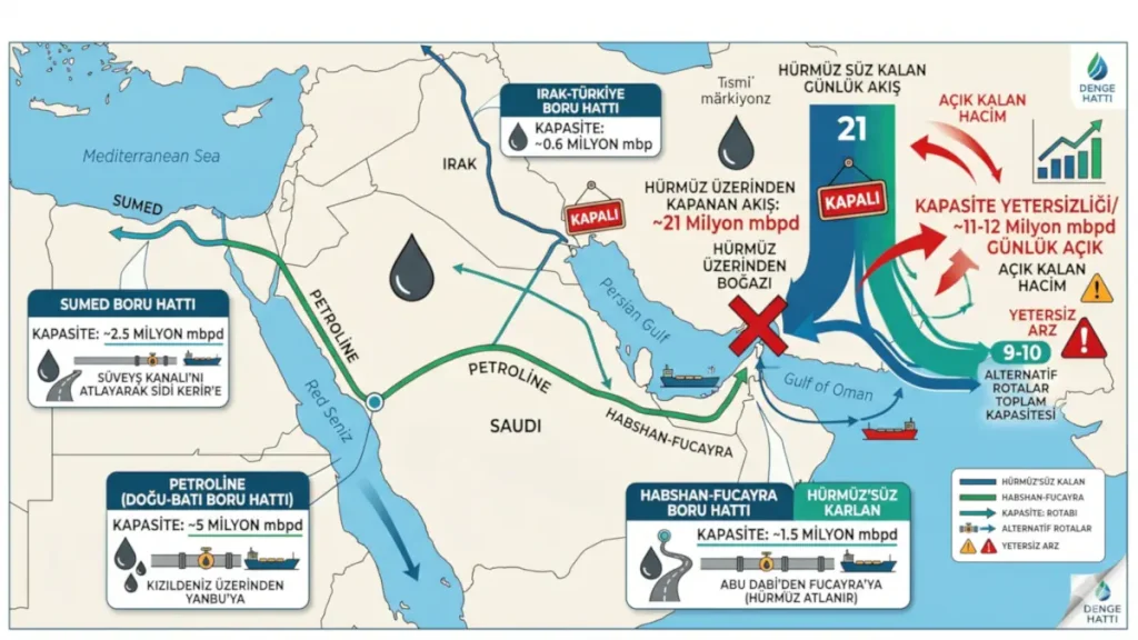 Hürmüz Boğazı ekonomi dengelerini etkileyecek olası bir kapanma senaryosunda devreye girecek Petroline, SUMED ve Habshan-Fujairah gibi alternatif petrol boru hatlarının kapasite yetersizliğini gösteren veri odaklı infografik harita.