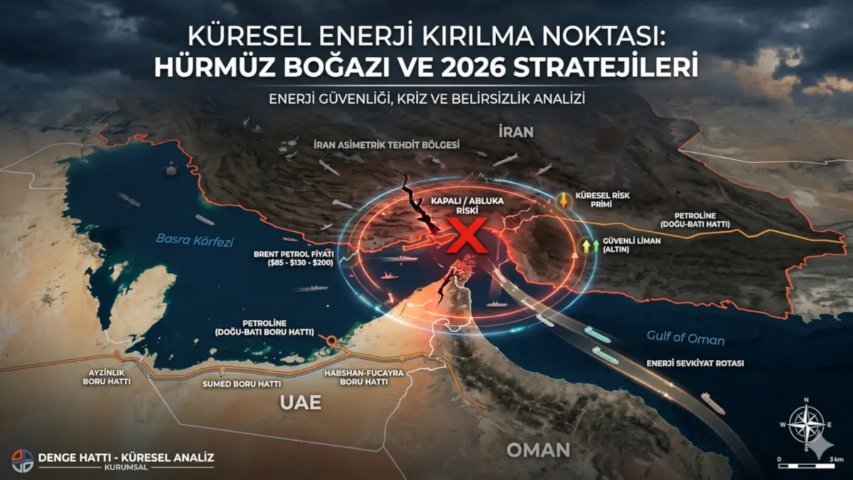 Hürmüz Boğazı ekonomi dengelerini, jeopolitik risk haritasını ve 2026 küresel enerji kırılma noktasını özetleyen stratejik analiz kapak görseli.