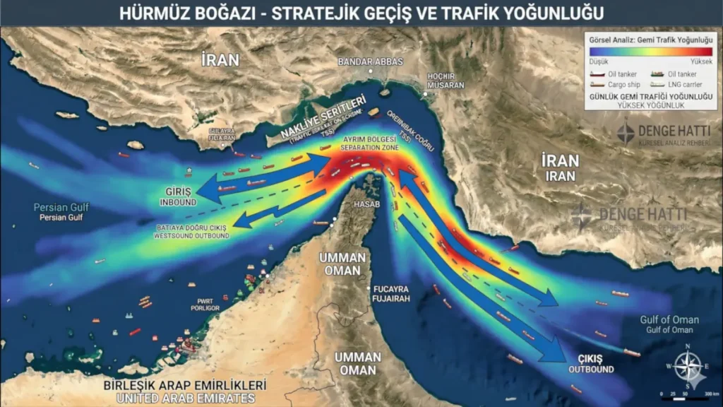 Hürmüz Boğazı ekonomi dengelerini belirleyen stratejik nakliye şeritleri, İran ve BAE sınırları ile günlük petrol gemisi trafiği yoğunluğunu gösteren detaylı harita.