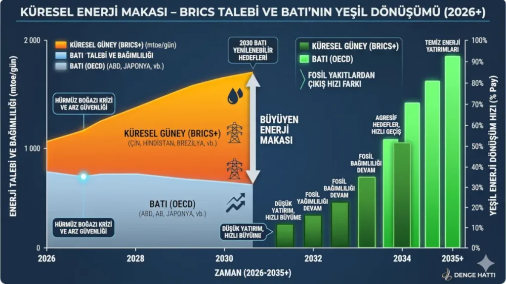 2026 ve sonrası için Küresel Güney'in (BRICS) enerji talebi büyümesi ile Batı'nın yeşil enerji dönüşüm hızı arasındaki farkı gösteren karşılaştırmalı veri grafiği.