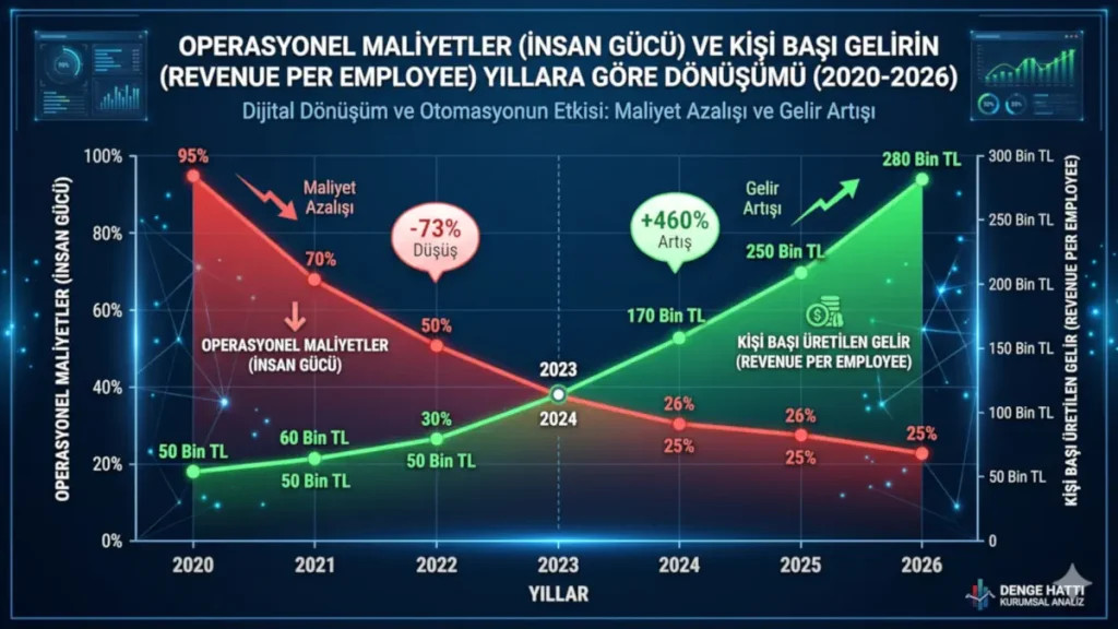 2020-2026 yılları arasında Solo-Unicorn ve yapay zeka otomasyonu etkisiyle operasyonel insan gücü maliyetlerindeki düşüşü ve kişi başı üretilen gelirin (Revenue per Employee) yükselişini gösteren finansal analiz grafiği.