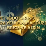 Üzerinde "Petrodoların Sonu ve 2026 Yeni Finansal Düzen: BRICS ve Altın" başlığı bulunan; sol tarafta doların ve petrolün düşüşünü, sağ tarafta ise altın destekli yeni küresel BRICS ekonomisini temsil eden Denge Hattı makale kapak görseli.