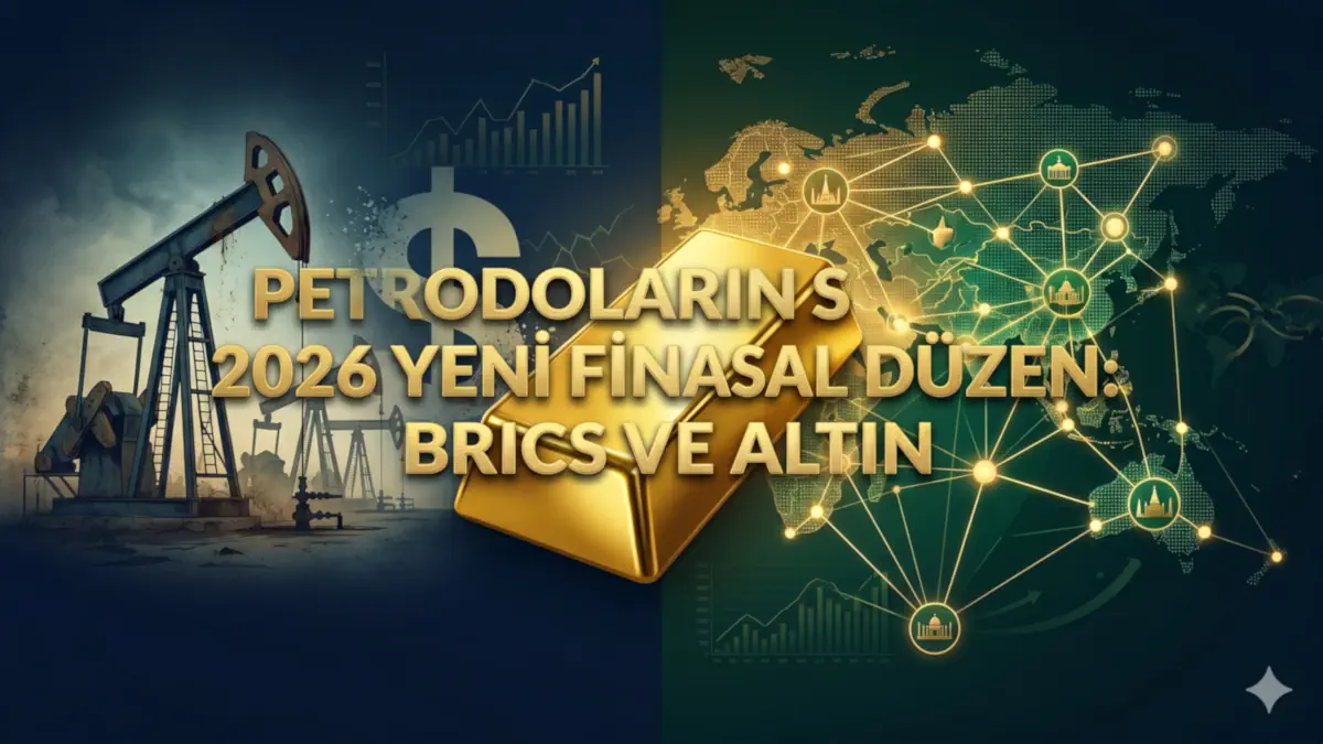 Üzerinde "Petrodoların Sonu ve 2026 Yeni Finansal Düzen: BRICS ve Altın" başlığı bulunan; sol tarafta doların ve petrolün düşüşünü, sağ tarafta ise altın destekli yeni küresel BRICS ekonomisini temsil eden Denge Hattı makale kapak görseli.