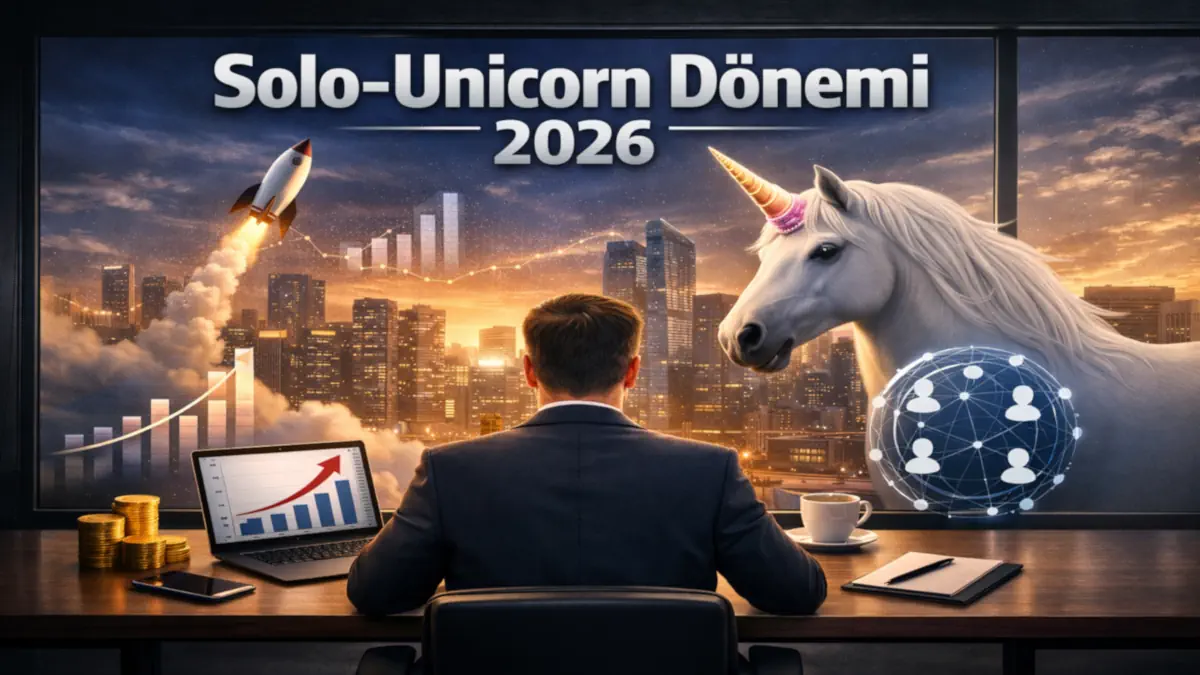 2026 Solo-Unicorn iş modeli ile tek kişilik otonom şirket yöneten girişimciyi ve yapay zeka ağlarını temsil eden kurumsal konsept görseli.
