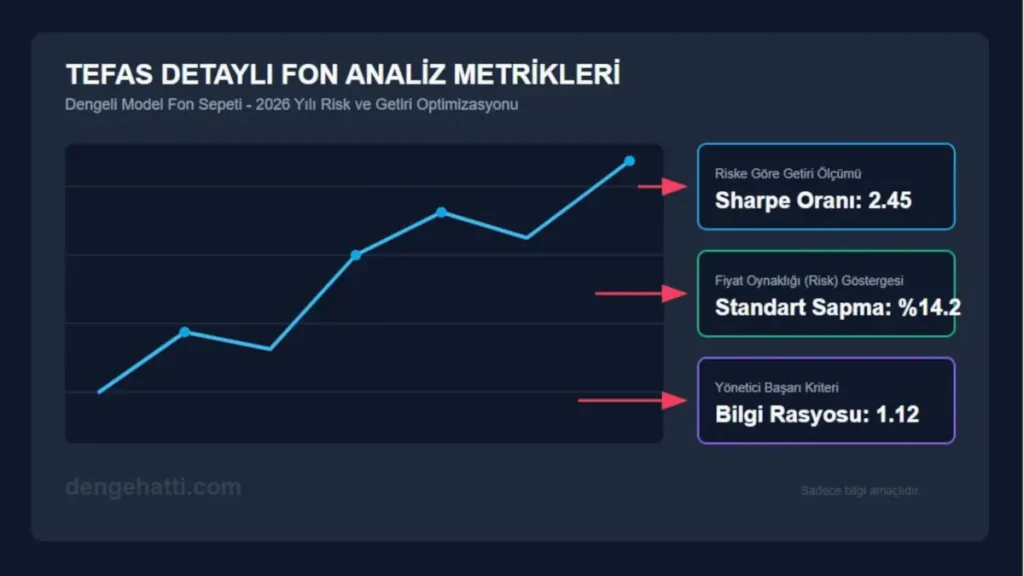 2026 yatırım fonları ile düzenli gelir stratejisi için TEFAS üzerinde Sharpe oranı, standart sapma ve bilgi rasyosu gibi fon seçim metriklerini gösteren detaylı analiz grafiği.