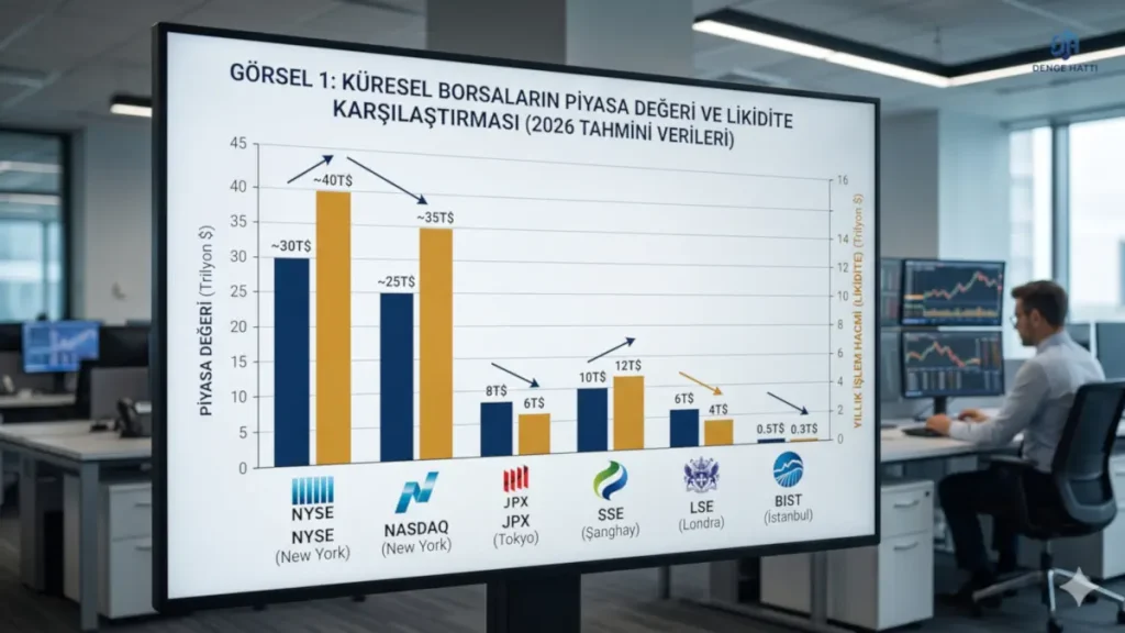 Türkiye’den Amerikan Borsalarına Yatırım Rehberi: 2026 Komisyonlar, Gizli Maliyetler ve Vergi Süreçleri Türkiye’den Amerikan borsalarına yatırım yapmayı planlayanlar için NYSE, NASDAQ ve BIST piyasa değeri ile likidite karşılaştırma grafiği