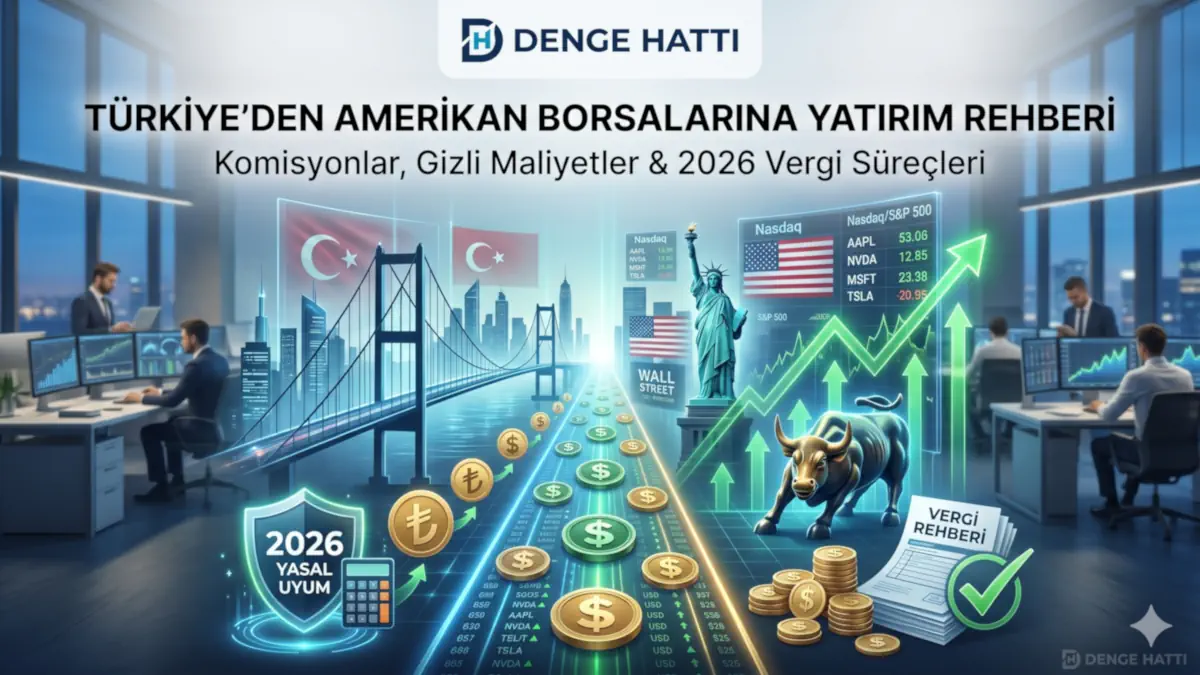 Türkiye’den Amerikan borsalarına yatırım yapmayı sağlayan dijital finans köprüsü üzerinde TL ve Dolar akışı, S&P 500 grafik boğası ve 2026 vergi rehberini gösteren kapsamlı kapak görseli